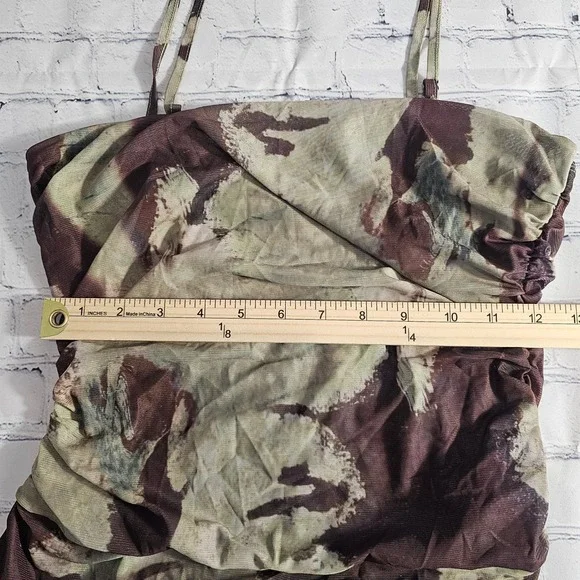 Cider Womens Abstract Portrait Graphic Mesh Bodysuit Ruched Brown Olive Large - Picture 9 of 11